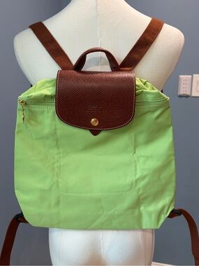 Longchamp Le Pliage Backpack Lime Green Nylon Brown Leather Travel Daypack